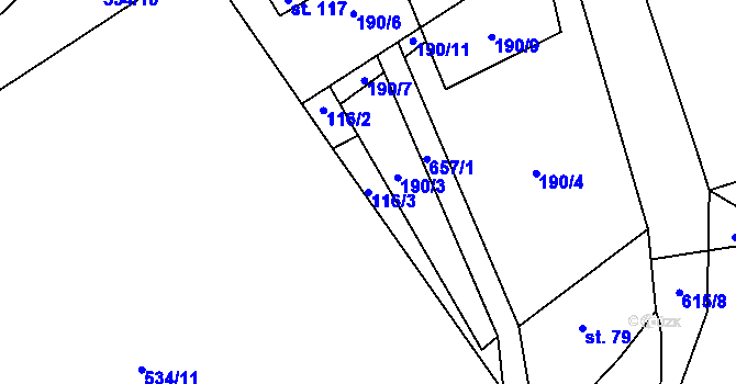 Parcela st. 116/3 v KÚ Modřec, Katastrální mapa