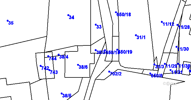 Parcela st. 38/3 v KÚ Modřec, Katastrální mapa