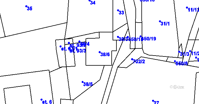 Parcela st. 38/6 v KÚ Modřec, Katastrální mapa
