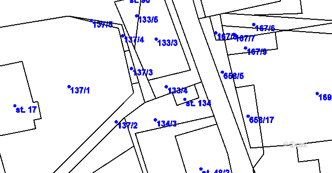 Parcela st. 133/4 v KÚ Modřec, Katastrální mapa
