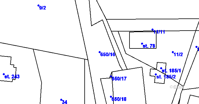 Parcela st. 650/16 v KÚ Modřec, Katastrální mapa