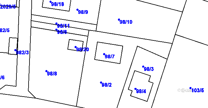 Parcela st. 98/7 v KÚ Modřice, Katastrální mapa