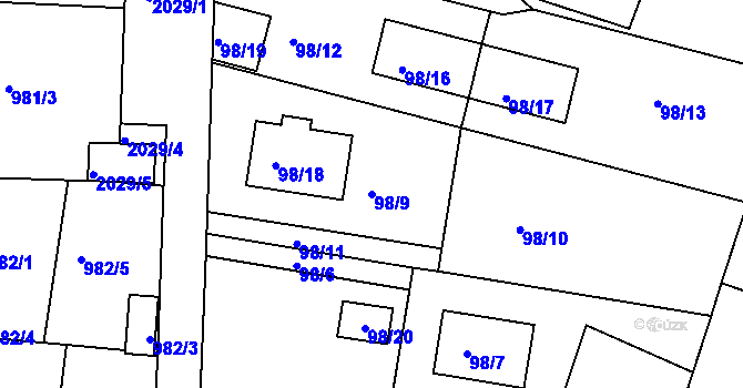 Parcela st. 98/9 v KÚ Modřice, Katastrální mapa