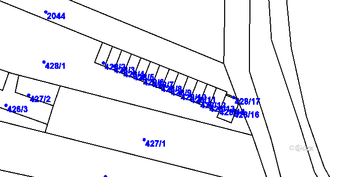 Parcela st. 428/9 v KÚ Modřice, Katastrální mapa