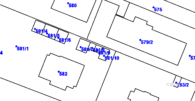 Parcela st. 581/9 v KÚ Modřice, Katastrální mapa
