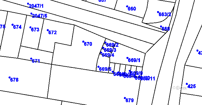 Parcela st. 669/4 v KÚ Modřice, Katastrální mapa