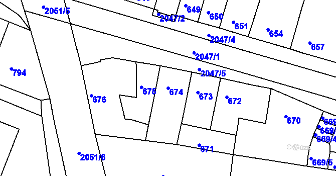 Parcela st. 674 v KÚ Modřice, Katastrální mapa