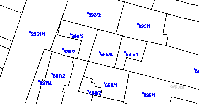 Parcela st. 696/4 v KÚ Modřice, Katastrální mapa