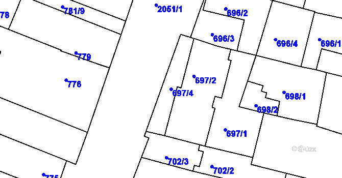 Parcela st. 697/4 v KÚ Modřice, Katastrální mapa
