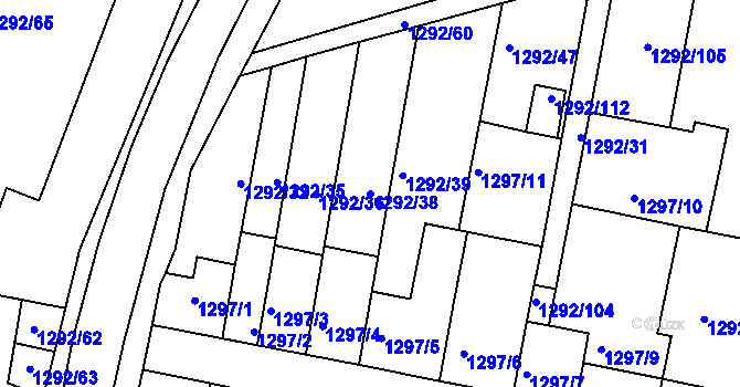 Parcela st. 1292/38 v KÚ Modřice, Katastrální mapa