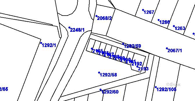 Parcela st. 2186 v KÚ Modřice, Katastrální mapa