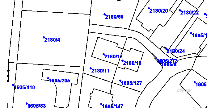 Parcela st. 2180/17 v KÚ Modřice, Katastrální mapa