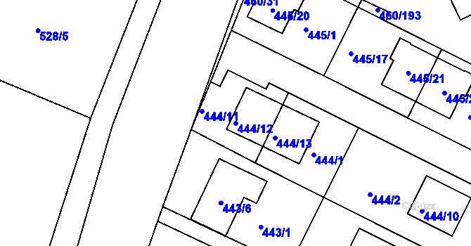 Parcela st. 444/12 v KÚ Modřice, Katastrální mapa