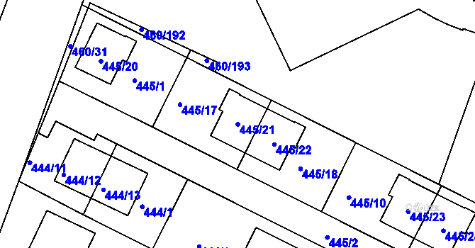 Parcela st. 445/21 v KÚ Modřice, Katastrální mapa