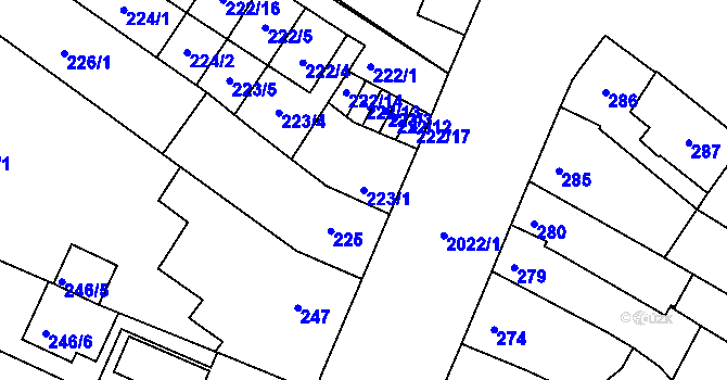 Parcela st. 223/1 v KÚ Modřice, Katastrální mapa