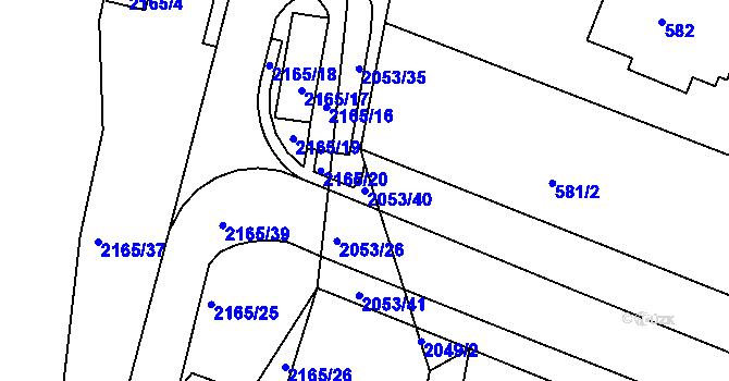 Parcela st. 2053/40 v KÚ Modřice, Katastrální mapa
