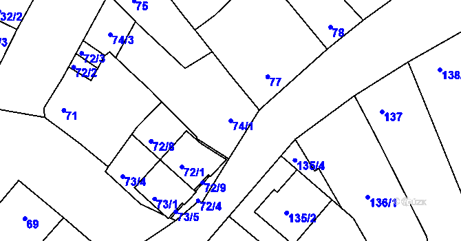 Parcela st. 74/1 v KÚ Modřice, Katastrální mapa