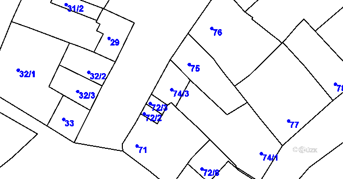 Parcela st. 74/3 v KÚ Modřice, Katastrální mapa