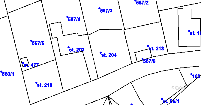 Parcela st. 204 v KÚ Modřišice, Katastrální mapa