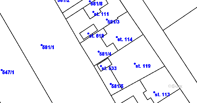 Parcela st. 581/4 v KÚ Modřišice, Katastrální mapa