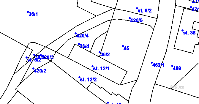 Parcela st. 36/2 v KÚ Modřovice, Katastrální mapa