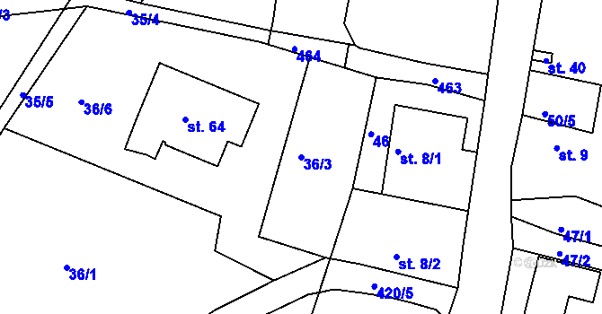 Parcela st. 36/3 v KÚ Modřovice, Katastrální mapa
