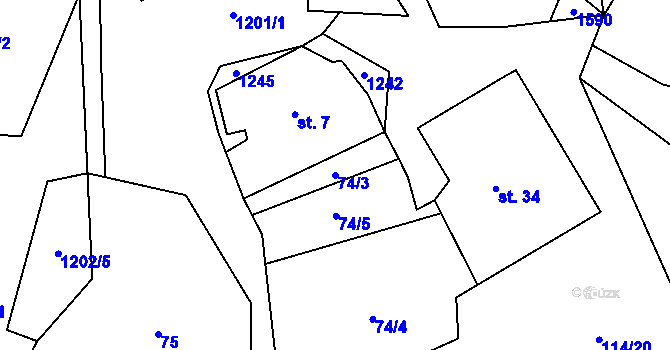 Parcela st. 74/3 v KÚ Čmelíny, Katastrální mapa