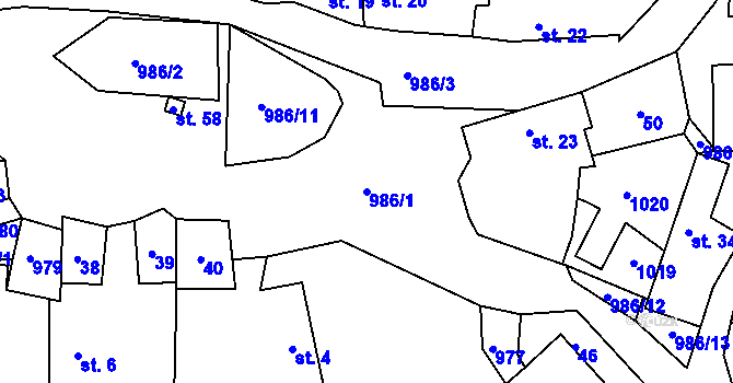 Parcela st. 986/1 v KÚ Mohelnice u Nepomuka, Katastrální mapa