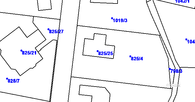 Parcela st. 825/25 v KÚ Mohelnice, Katastrální mapa