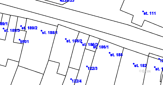 Parcela st. 186/3 v KÚ Mohelno, Katastrální mapa