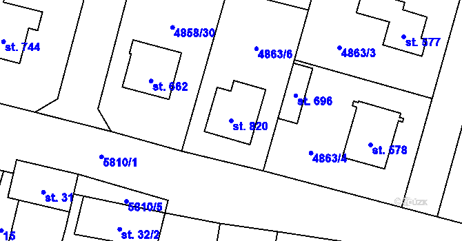 Parcela st. 820 v KÚ Mohelno, Katastrální mapa