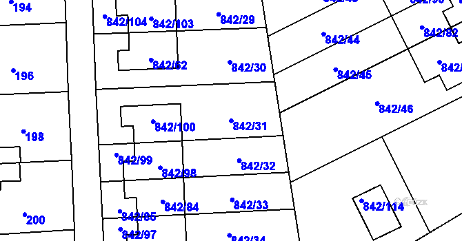 Parcela st. 842/31 v KÚ Mochov, Katastrální mapa