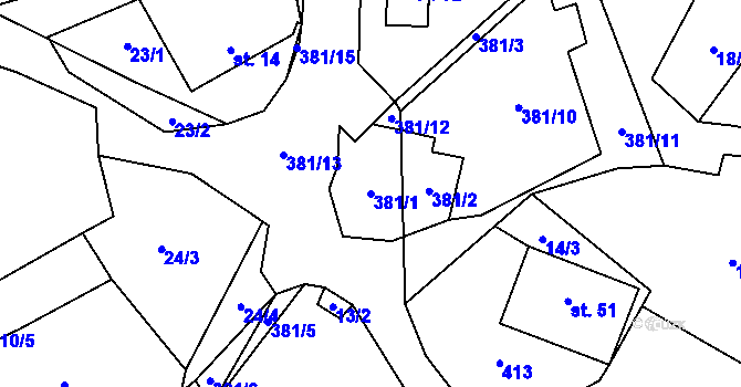 Parcela st. 381/1 v KÚ Těšetiny, Katastrální mapa