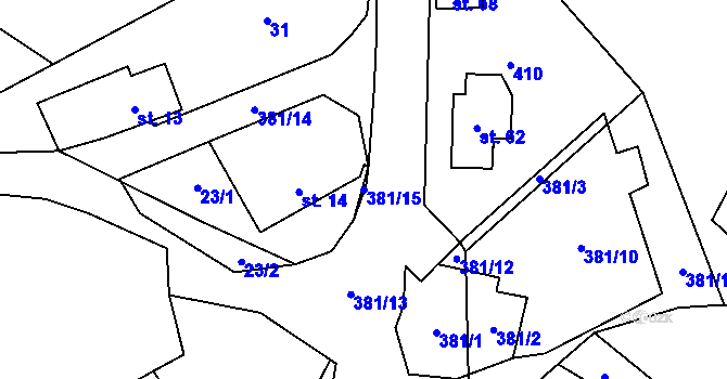 Parcela st. 381/15 v KÚ Těšetiny, Katastrální mapa