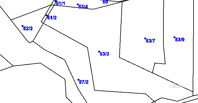 Parcela st. 53/3 v KÚ Mojžíř, Katastrální mapa