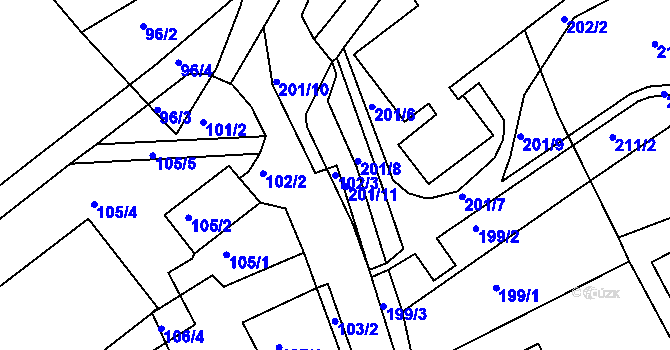 Parcela st. 102/3 v KÚ Mojžíř, Katastrální mapa
