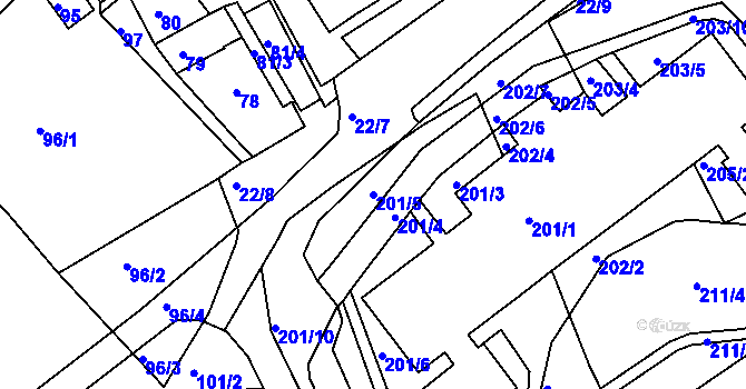 Parcela st. 201/5 v KÚ Mojžíř, Katastrální mapa