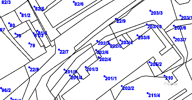 Parcela st. 202/6 v KÚ Mojžíř, Katastrální mapa