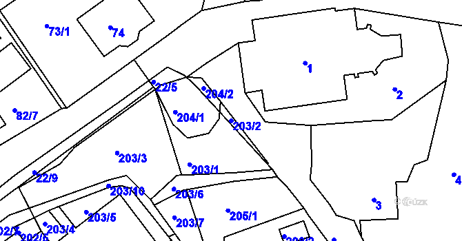 Parcela st. 203/2 v KÚ Mojžíř, Katastrální mapa
