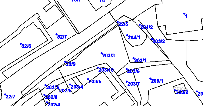 Parcela st. 203/3 v KÚ Mojžíř, Katastrální mapa