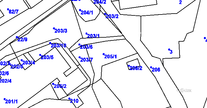 Parcela st. 205/1 v KÚ Mojžíř, Katastrální mapa