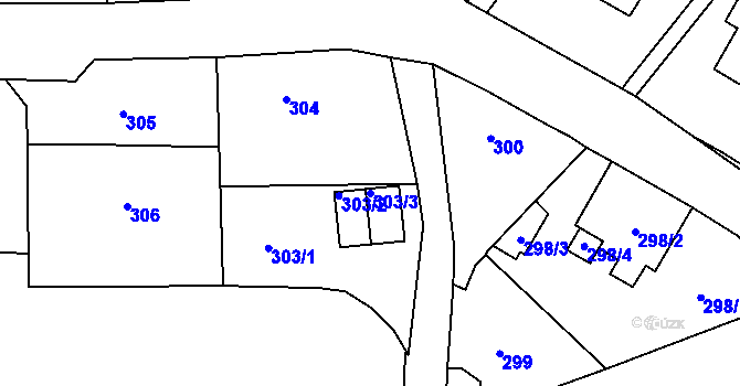 Parcela st. 303/3 v KÚ Mojžíř, Katastrální mapa