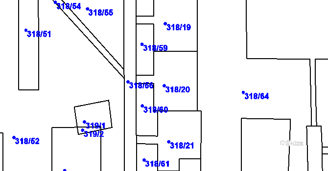 Parcela st. 318/20 v KÚ Mojžíř, Katastrální mapa