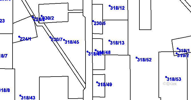 Parcela st. 318/48 v KÚ Mojžíř, Katastrální mapa