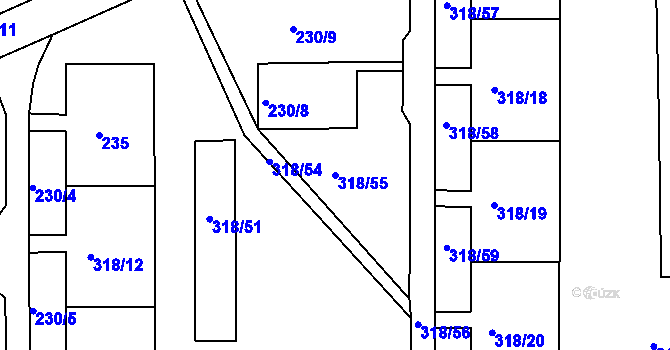 Parcela st. 318/55 v KÚ Mojžíř, Katastrální mapa