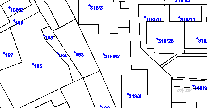 Parcela st. 318/92 v KÚ Mojžíř, Katastrální mapa