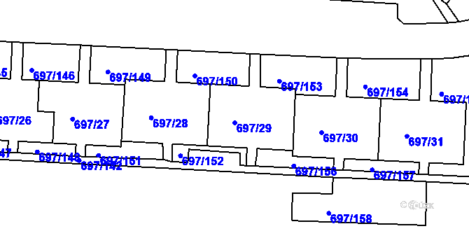 Parcela st. 697/29 v KÚ Mojžíř, Katastrální mapa