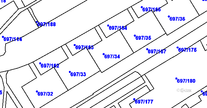 Parcela st. 697/34 v KÚ Mojžíř, Katastrální mapa