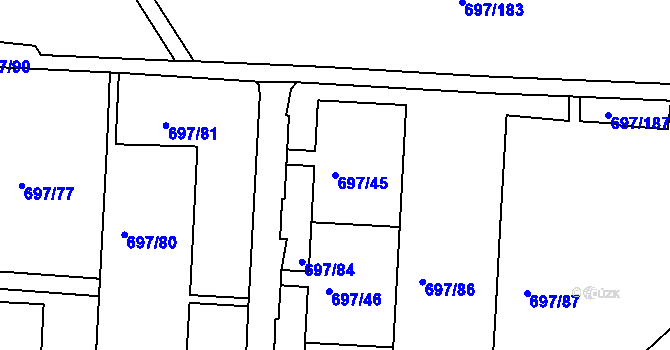 Parcela st. 697/45 v KÚ Mojžíř, Katastrální mapa