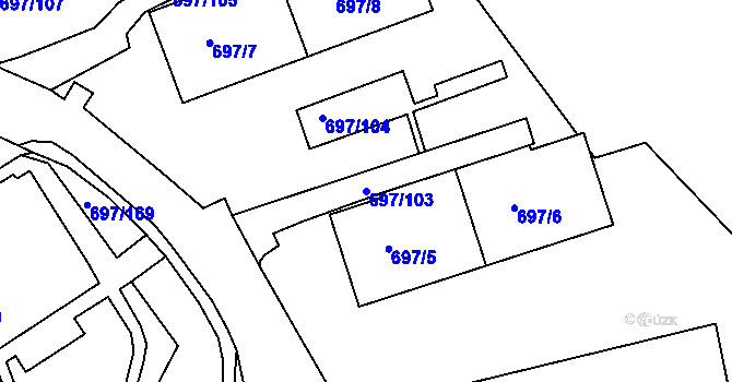 Parcela st. 697/103 v KÚ Mojžíř, Katastrální mapa